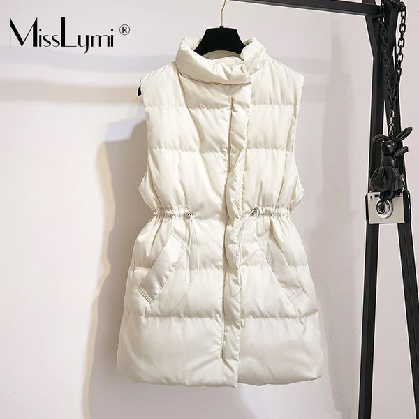 

xl-5xl plus size women winter vest clothes 2019 fashion solid color stand collar sleeveless drawstring waist long waistcoat, Black;white