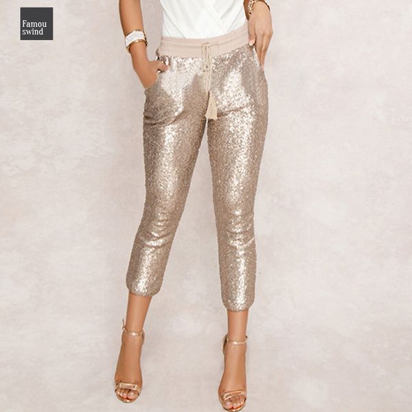 

блестки мода карандаш штаны 2019 горячего твердого черное золото женщина кулиская новой талия bling ночного клуб теленок длина брюки, Black;white