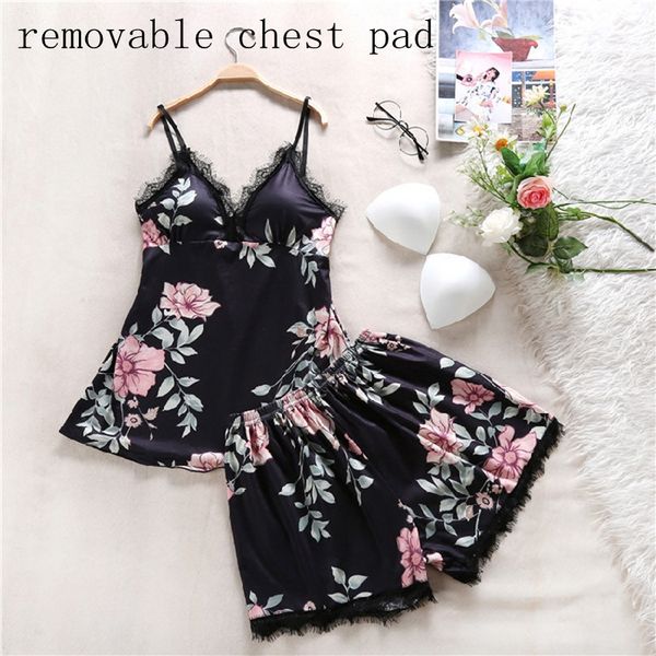 

printed pasta strips women's pajamas set + chest pad v-neck and pad female summer pajamas, Black;red