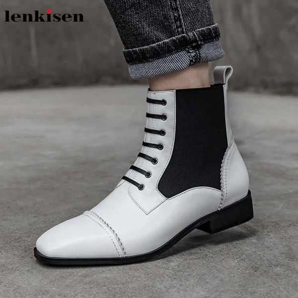

lenkisen gentle british school square toe genuine leather med heels mixed colors lace up young lady winter women ankle boots l73, Black