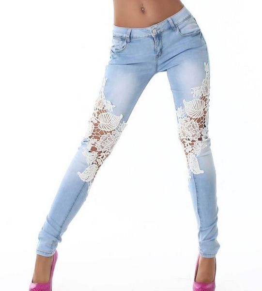 

new arrival explosion women's clothing ms personality light colour side lace stitching jeans women's fashion pencil jeans, Blue