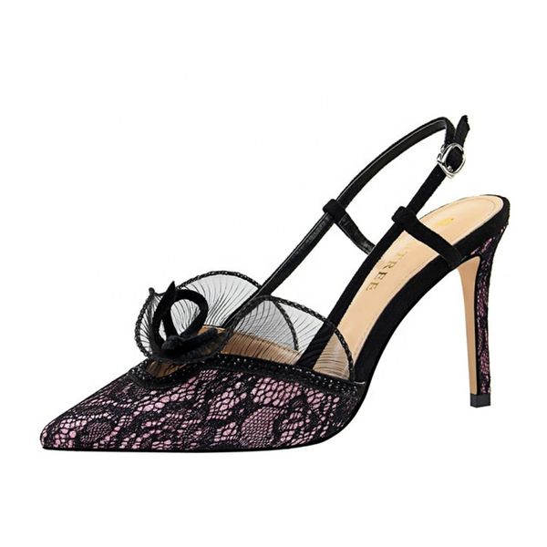 

2020 new fashion lace pointed toe high heels buckle strap slingbacks office ladies shoes, Black