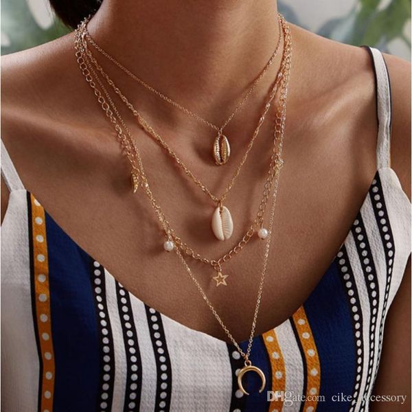 

four layers necklace alloy natural shell conch swing star moon plastic white pearl pendant gold color plated metal o chain, Silver