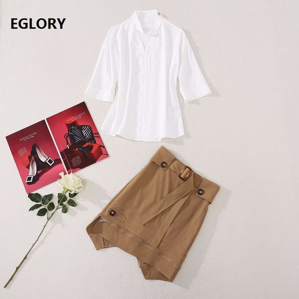 

2020 summer fashion work suit women stand neck hollow out white blouse+belted asymmetrical mini skirt set suits casual