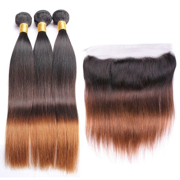 

straight malaysian human hair #1b/4/30 dark root 3tone ombre weaves with 13x4 lace frontal closure medium auburn ombre 3bundles with frontal, Black;brown