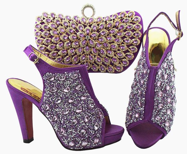 

Charming purple women pumps and bag set with colorful crystal decoration african shoes match handbag for dress QSL005,heel 12cm