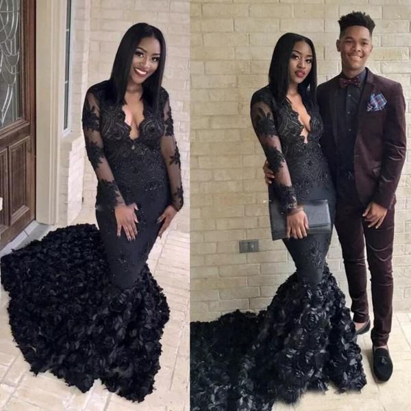 

Gorgeous Black Mermaid Prom Dresses 2K19 3D Rose Sweep Train Evening Gowns South African V Neck Sheer Long Sleeves Formal Party Dress