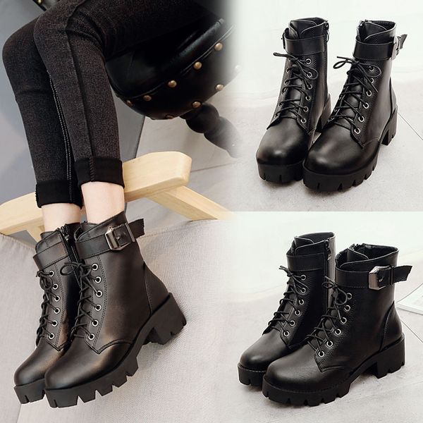 

new women's ankle bare round toe lace-up bare boots middle square heel short booties dropshipping zapatos de mujer, Black