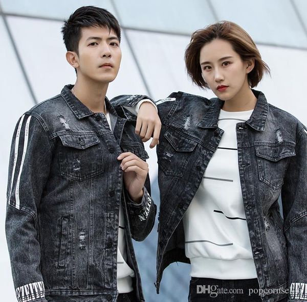 

mens designer jean jackets fashion letter printed panelled washed distressed single breasted jackets fashion mens clothing, Black