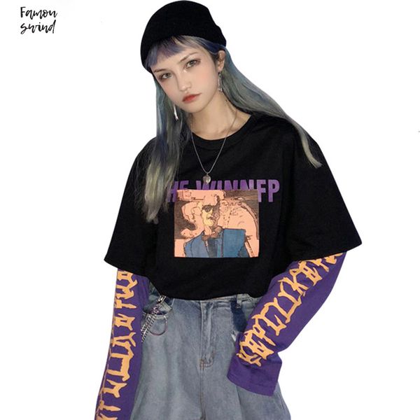 

streetwear vintage поддельный 2 шт цвет письмо женщины толстовка хит характер o шеи длинным рукавом осень повседневная дряблая женский пулов, Black