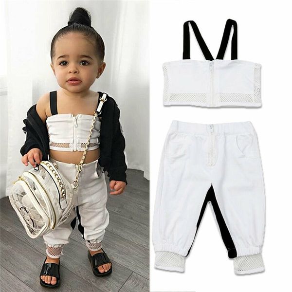 

children clothes set newborn baby girl kid mesh sling crop long pant trousers summer fashion girl clothes set 1-4t, White