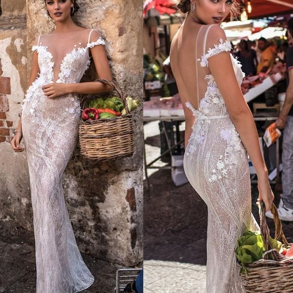 

berta 2019 lace wedding dresses backless sheer bateau neck illusion bodice bridal gowns floor length beading mermaid wedding dress 3898, White