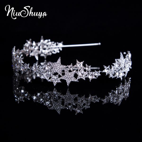

niushuya rhinestone star crown hairband vintage crystal bridal tiara wedding hair accessories silver plated tiara party pageant, Golden;white