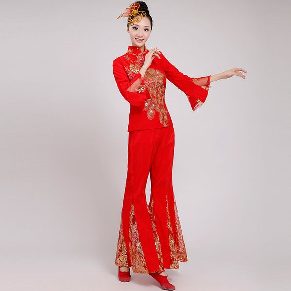 

chinese style hanfu female hmong clothes national style yangko dance fan dance stage costume performance costume, Black;red