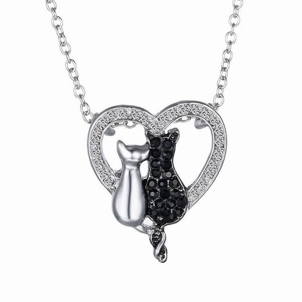 

black white cat crystal pendant necklaces valentine's day gift lover couple necklace women girls jewelry accessories ing, Silver