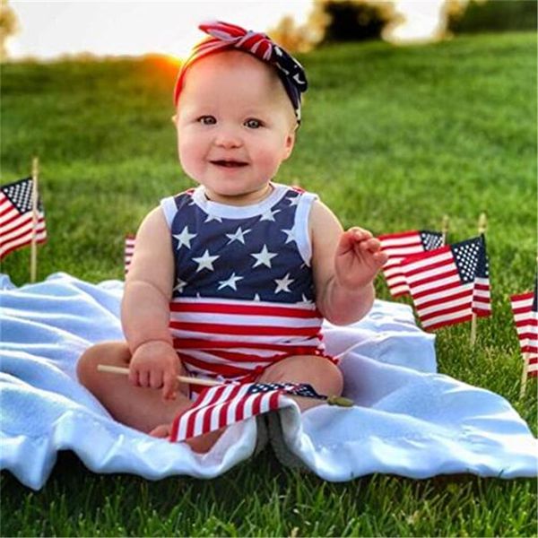 

ins summer toddler baby girl bodysuit sleeveless usa independence days overall hair band infant 2 piece sets 2020 striped jumpsuits d6415, White