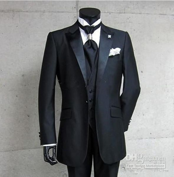 New Real Photo One Button Smoking dello sposo nero Peak Satin Risvolto Best man Groomsman Uomo Abiti da sposa Sposo (giacca + pantaloni + gilet) 4148