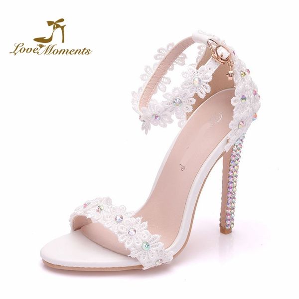 

rhinestone heel white lace bridal wedding shoes female summer dress sandals 4 inches high heel ankle straps sandal prom pumps, Black