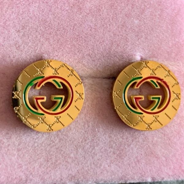 

brand design stainless steel girls women party summer jewelry gold silver 18k gold red green double letter stud earrings, Golden;silver