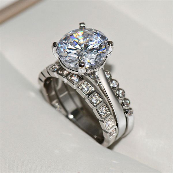 

3pcs/set female white round zircon ring set fashion silver promise engagement rings for women jewelry, Slivery;golden