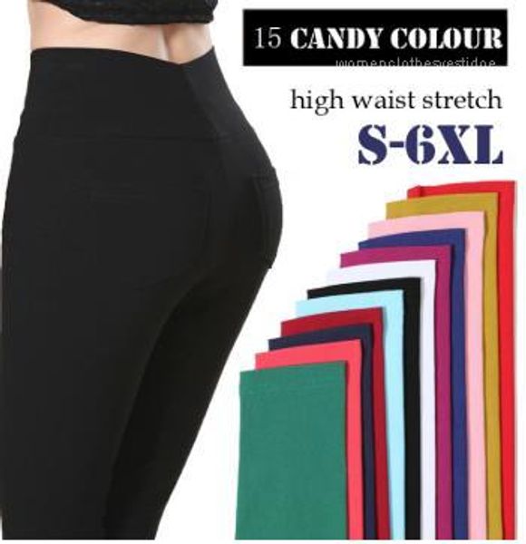 

fit pencil pants plus size 15 colors womens leggings casual candy color skinny high waist stretchy pants womens slim, Black;white