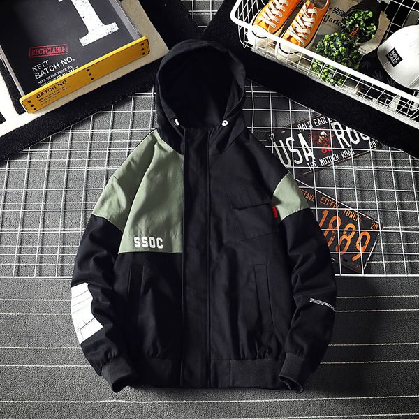 

2020 spring autumn men hooded color block splice loose casual bomber jacket male streetwear hip hop cargo coat plus size s-5xl, Black;brown