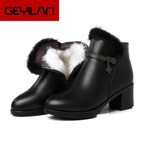 

women boots high heels platform shoes winter thick warm wool boots for women genuine leather ankle plus size, Black