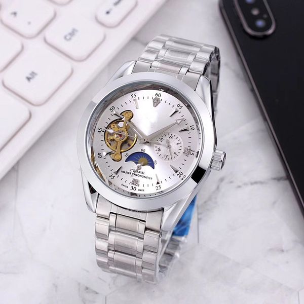 

new brand mens watches large flywheel mechanical movement wristwatch luxury fashion moon phase men steel belt watch, Slivery;brown