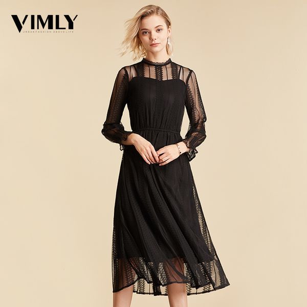 

vimly elegant mesh lace embroider women dress stand-neck flare sleeve party dresses midi elastic waist hollow out dress, Black;gray