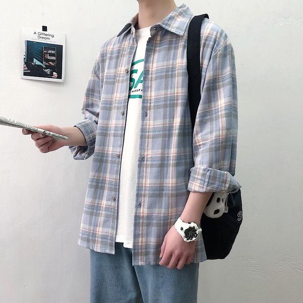 

2019 new ulzzang korean stlye teenage youth men s-xxl ins long sleeved plaid shirt, White;black