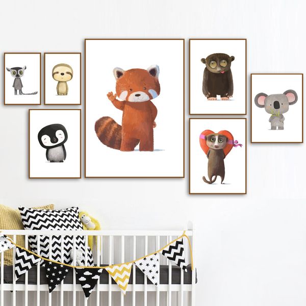

poster cartoon cute red fox black white penguin gray cara canvas painting wall art print for nursery school children's room deco