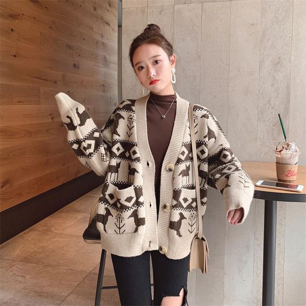 

2019 new women's spring autumn animal knitted cardigans coats ladies casual fashion pocket knitted sweaters, White;black