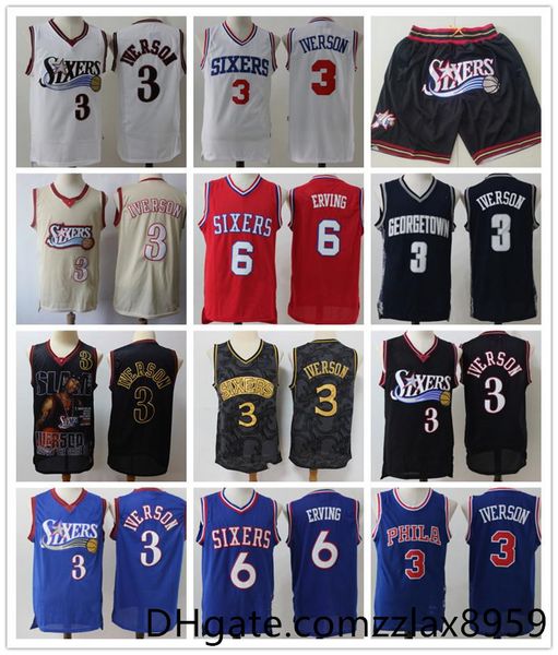 

mens throwback jersey allen 3 iverson julius philadelphia 6 erving basketball jersey basketball shorts 76ers black blue white, Black;red