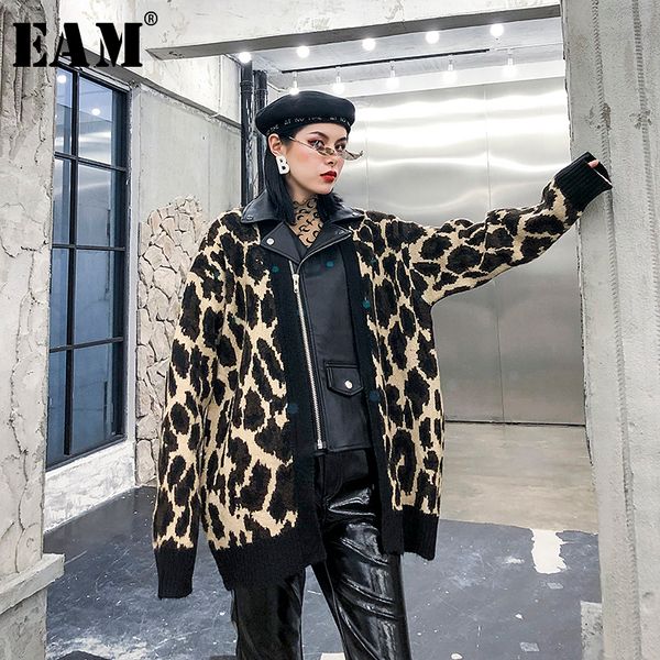 

eam] сыпучие fit leopard кожа pu вязание большой размер куртки новые нагрудные длинные рукава женщины пальто мода осень зима 2019 19а-a138, Black;brown