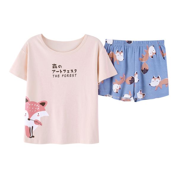 

summer women pajamas set short-sleeved shirt + shorts 2pcs cotton pajama round neck cartoon girls home clothing casual pyjamas, Blue;gray
