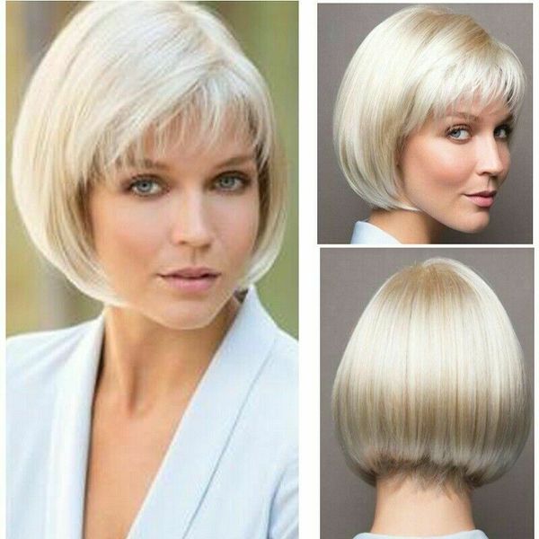 

women full wig synthetic hair with bangs silver short straight bob style wigs, Black
