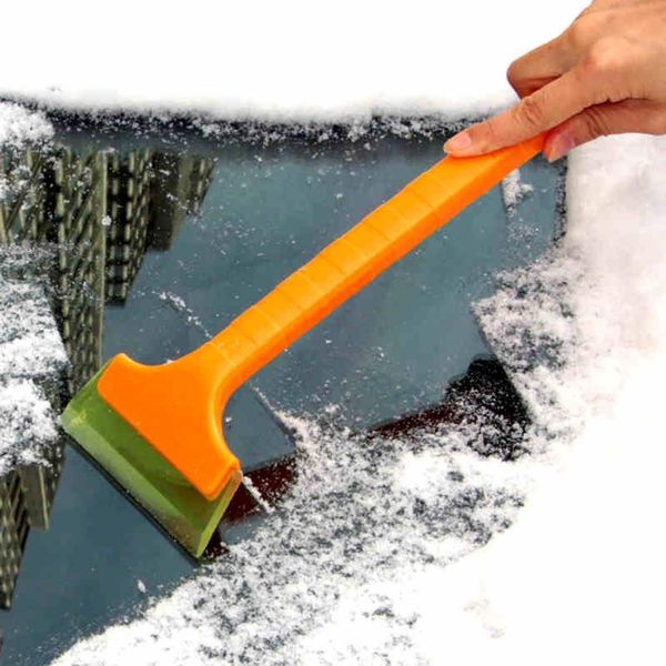

car ice scraper snow shovel long orange handle windshield glass removal winter