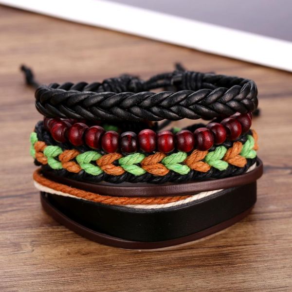

european and american fashion leather bracelet creative retro men's wooden beads woven leather bracelet four-piece set, Golden;silver