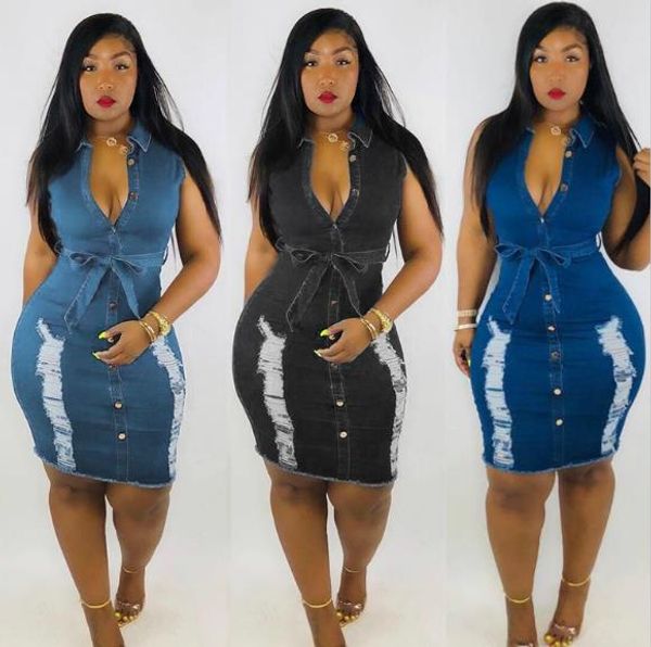 

womens designer washed jean dresses v-neck skinny sleeveless dress fashion club holes dresses womens clothes, Black;gray