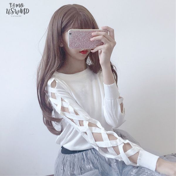 

fashion tee shirt woman clothes korean style harajuku personality cross hollow solid sleeve t shirt women basic tshirt, White