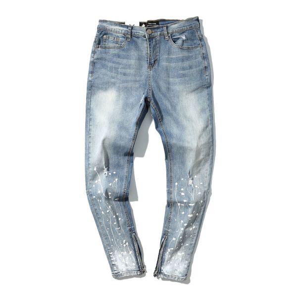 

vintage mens washed jeans slim fit light blue white printed denim pants zipper decorated opening pencil jeans