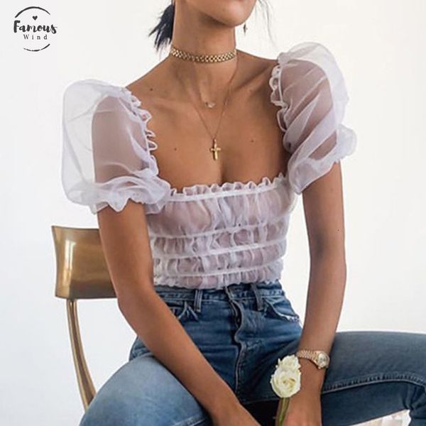 

puff sleeve white summer sheer off shoulder see through elegant short sleeve ruffle tunic blouse women