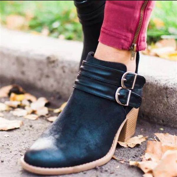 

hee grand women ankle boots winter fashion boots retro with buckle strap ankle bootie medium heels footwear shoes xwx7204, Black