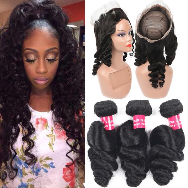 

brazilian loose wave virgin human hair 3 bundles with 360 full lace closure deep body loose wave kinky curly straight human hair weaves, Black