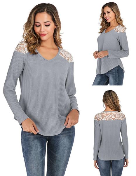 

v neck womens designer tshirts casual loose lace panelled womens tees simple long sleeve females clothing, White