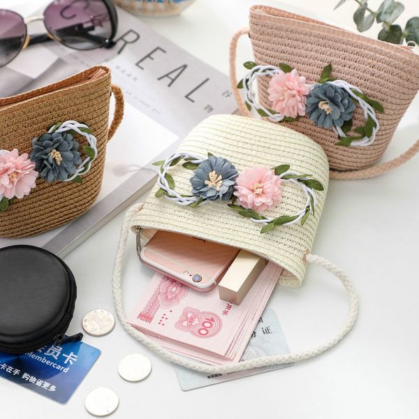 

baby mini coin bag 2020 summer straw crossbody bags for little girl flower rattan money change purse toddler coin wallet pouch, White