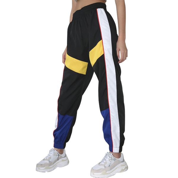 

summer women splice sweatpants high waist contrast color cargo pants loose jogger running trousers streetwear, Black;blue