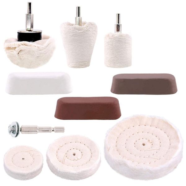 

10 pcs buffing pad polishing wheel kits with 3pcs rouge compound with 1/4 inch handle, for manifold, aluminum, stainless steel