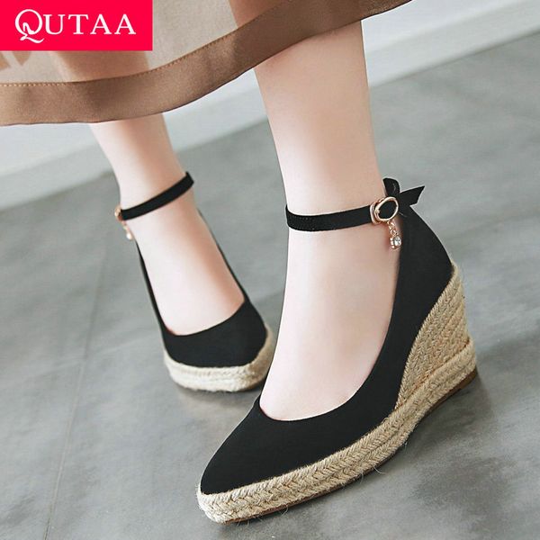 

qutaa 2020 women shoes wedges heel platform pointed toe all match platform flock buckle spring/autumn ladies pumps size 34-41, Black