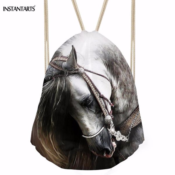 

instantarts white 3d crazy horse printing women men drawstrings bags softback casual storage bag multifunction travel backpacks